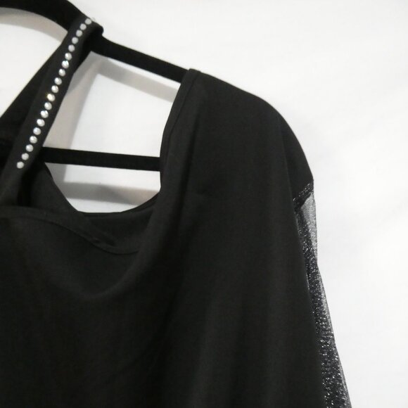 SHEIN - Curve | 1XL | Black Shiny Rhinestone Mesh Sleeve Top | Cold Shoulder - Picture 12 of 15
